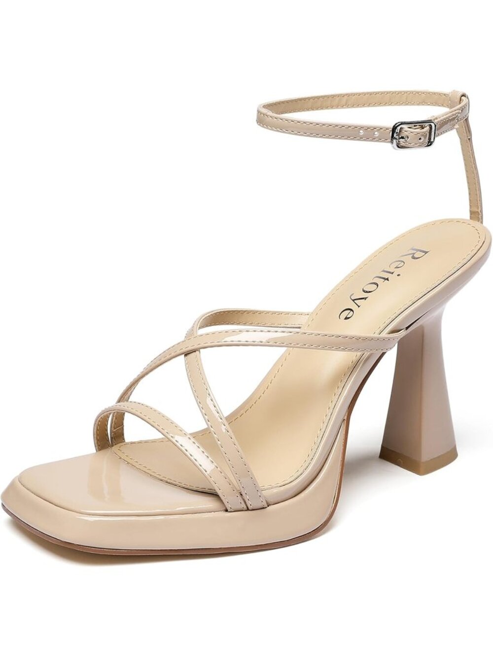 Women's Nude Chunky Square Toe Heeled Sandals Block High Ankle Strap Heels